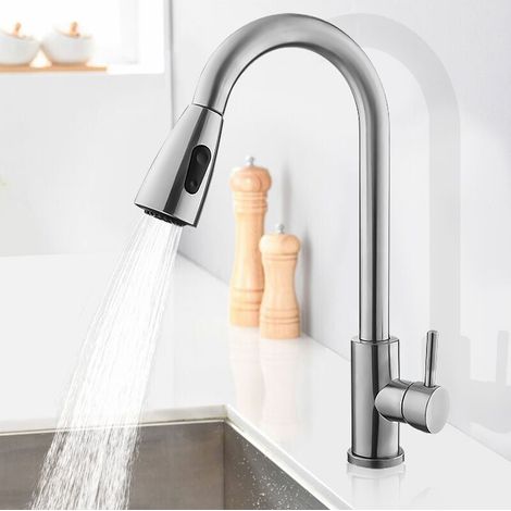 Robinet de cuisine avec douchette extractible mitigeur pivotant à 360° eau chaude et froide disponibles Acier inoxydable Acier Argent (1/4)
