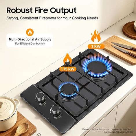 Plaque de cuisson à gaz 2 flammes en acier inoxydable, pour gaz naturel & gaz liquéfié, 3KW + 1,75KW, Plan de travail/Installation encastrée, 51x31x10cm, Réchaud à gaz portable pour camping (1/5)