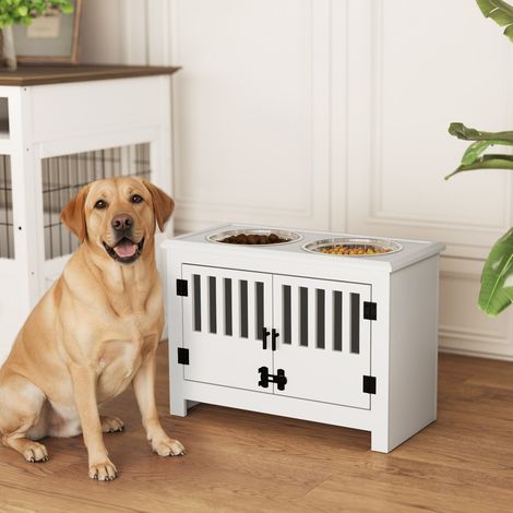 Gamelle surélevée pour chien avec 2 bols en acier inoxydable (2 x 2 L), un espace de rangement de 37 L et 2 portes à loquet, blanche. (1/5)