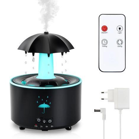 Humidificateur de Pluie 300ML, Humidificateur d'air Veilleuse, Lumière Parapluie, Diffuseur d'arômes Rotative pour Bureau et Chambre (Noir) (1/5)