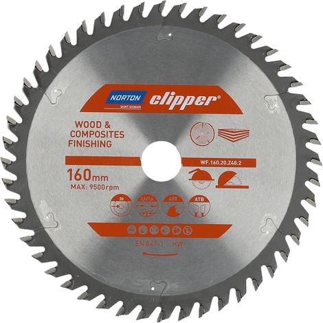 Sierra Circular Norton 160mm x 20mm x 48z (2,6 / 1,6), corte transversal, para madera y compuestos, geometría ATB, dientes de carburo, alta durabilidad, 9500 rpm (1/2)