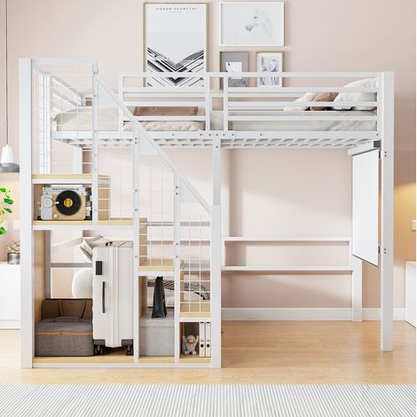 Cama alta infantil 90x200 cm de metal blanca, con almacenaje para dormitorio, sin colchón FloraGrace (1/5)