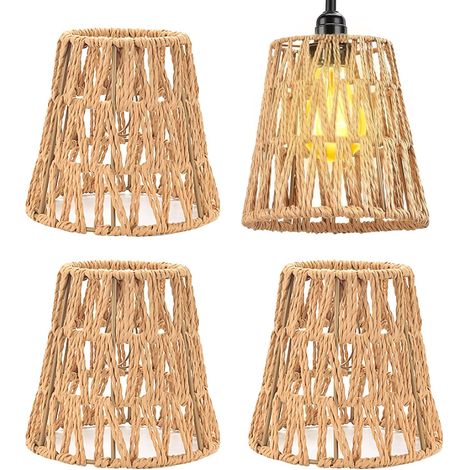 4 Pcs Hand Woven Rattan Lampshades, 15 x 15.7 x 4 cm Rattan Lampshade Handmade Boho Style Rattan Ceiling Lampshade Compatible E27/E14 for Ceiling, Table Lamps, Hanging Lamp (1/5)
