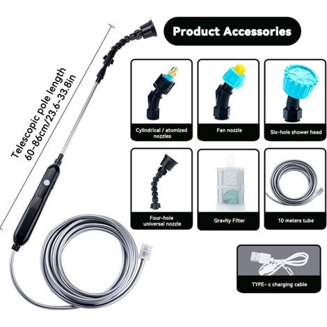 Pulverisateur De Jardin Electrique, Pulverisateur Pour Toiture,Pulverisateur Electrique,Pulverisateur Lance Telescopique avec 4 Buses et 10M de Tuyau,USB Rechargeable,pour L'irrigation Pelouse (1/3)