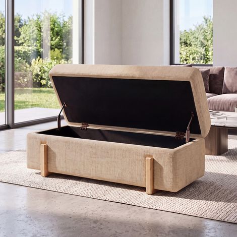 Wahson Banc de Rangement 110cm, Bout de Lit Tissu en Chenille, Pieds en Bois,Coussin Rembourré, Coffre de Rangement pour Chambre Salon Entrée, Jaune (1/5)