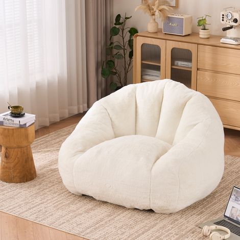 Pouf XXL per adulti in pelliccia sintetica bianca, imbottitura in schiuma, ideale per soggiorno o camera da letto.