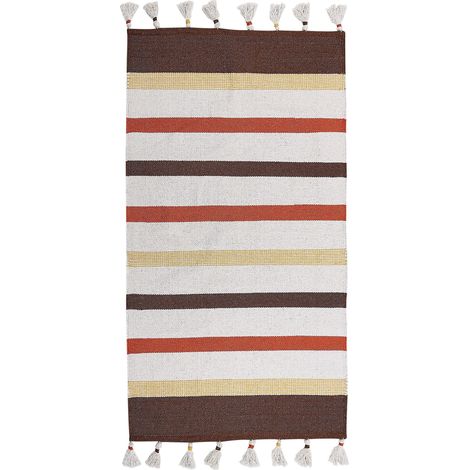Tappeto cotone soggiorno pelo corto fatto a mano 80 x 150 cm marrone e beige Hisarli