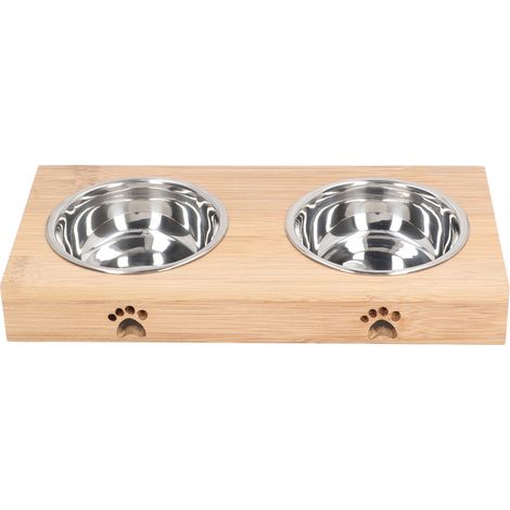 Gamelle double en acier inoxydable pour chats, confortable, antirouille, élégante et facile à nettoyer, avec support en bambou, convient aux chats et aux chiens. (1/5)