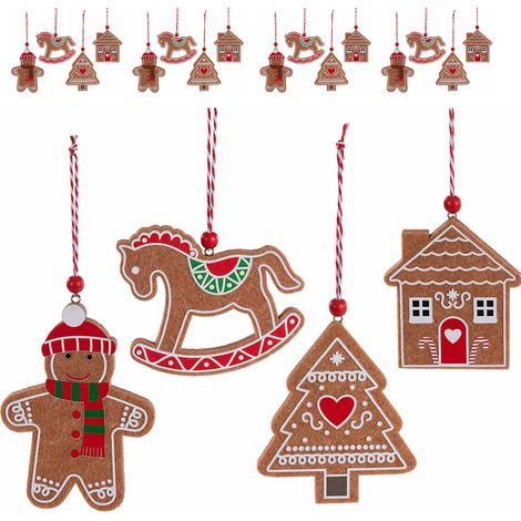 Set 20 decorazioni Natalizie da appendere in panno fantasia pan di zenzero, figure assortite (1/3)