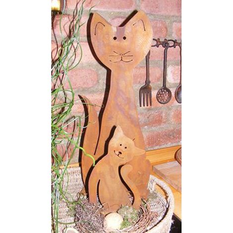 Chat Décoratif en Métal avec Patine Rouille - Duo Mère et Chaton sur Socle - Déco Jardin et Maison - PANGIVO