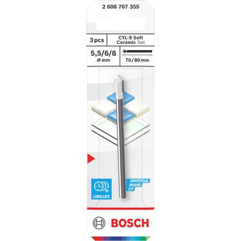 Bosch Ceramic Bohrer-Set CYL-9  Soft, 5,5 x 70 / 6 x 80 / 8 x 80 mm, 3-tlg.