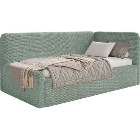 Selsey Fanko – Jugendbett 90x200 cm mit Rausfallschutz, Matratze, Kopfteil rechts, Plüsch, Salbeigrün