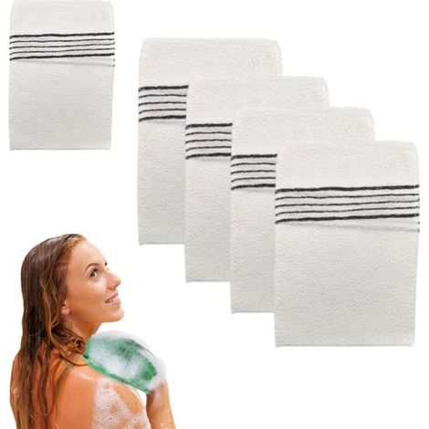 Juego de 5 guantes exfoliantes, Paños exfoliantes, Elimina las células muertas de la piel, Toallas de baño, Guantes de baño a rayas, 20 x 14 cm (1/5)