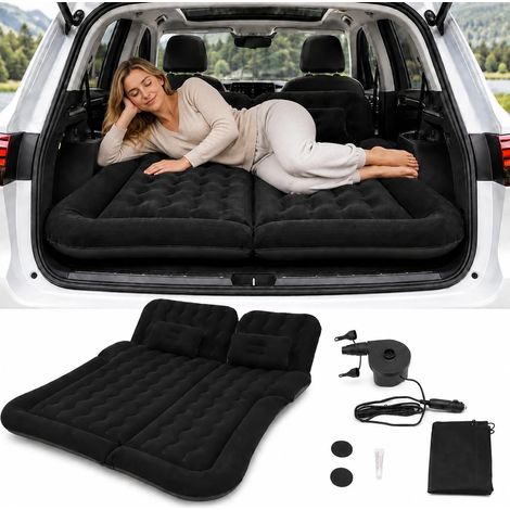 Matelas gonflable portable pour siège arrière de voiture jusqu'à 300 kg - Avec pompe à air et 2 oreillers - 174 x 126 cm - Pliable - Double matelas gonflable pour voyage, camping, extérieur (1/5)