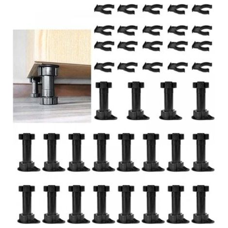 Pieds de meubles réglables, 80-100 mm, en plastique noir, avec 20 clips de base pour meubles, armoires, cuisine, canapé, 20 pièces (1/4)