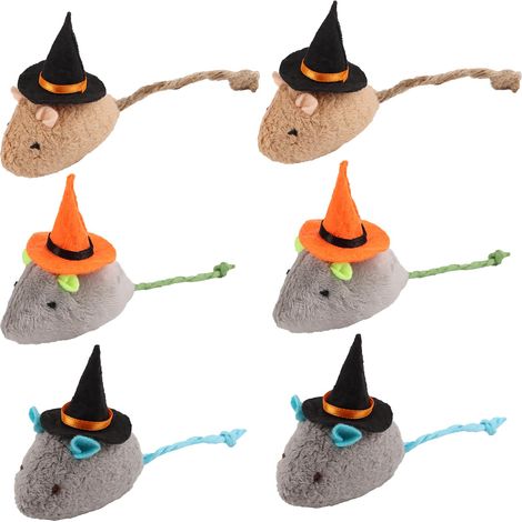Jouets pour chats en forme de souris avec chapeau de sorcière pour Halloween, lot de 6 peluches interactives à mâcher et à mordiller, idéales pour les chats d'intérieur. (1/5)