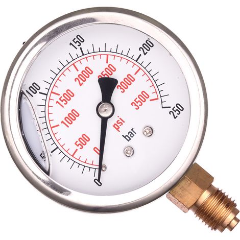 Manometro a glicerina con orologio, 63 mm, 0-250 bar, attacco filettato da 1/4".