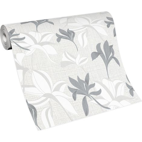 Papier peint moderne motif fleurs pour salle de bain Tapisserie fleuri grise & blanche intissé Papier peint à motif floral tendance (1/3)