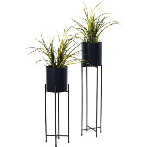 Spetebo – Support pour pot de fleurs en métal noir – Lot de 2 – Dimensions 74 cm x 13 cm et 58 cm x 13 cm – Pots en plastique inclus