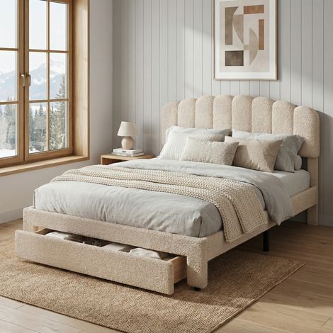 Letto 160x200 per adulti, letto matrimoniale capitonné con cassetti e porte USB/Type-C, testiera a forma di conchiglia, letto con contenitore e rete, velluto, stile scandinavo, Beige (1/5)