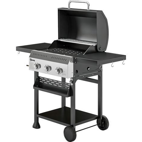 Barbecue à gaz 9 kW 3 brûleurs chariot acier inoxydable tablette pliable porte-épices étagère crochets
