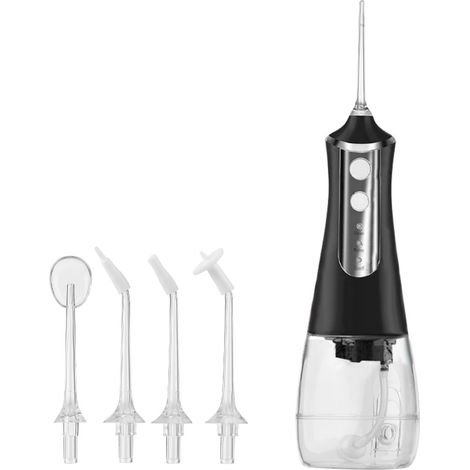 Tragbarer Munddusche, kabelloser Zahnreiniger, wiederaufladbar, 3 Modi, wasserdicht (IPX6), 5 Düsen, 350-ml-Wassertank