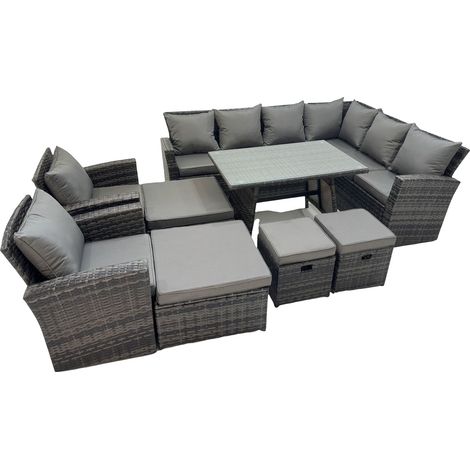 Fimous 12 Seater Garden Outdoor Rattan Furniture Set Rattan Corner Sofa Oblong Dining Table with 2 Armchairs 4 Footstools Dark Grey (1/5)