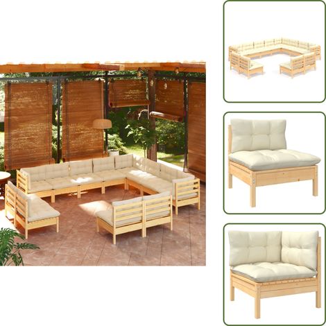 12-tlg. Garten-Lounge-Set mit Creme Kissen Massivholz Kiefer - Gartengeräte - Gartenmöbel - Lounge Set - Kiefernholzmöbel - Outdoor Möbel (1/5)