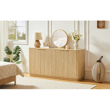 Credenza in MDF rovere 160 x 40 x 80 cm, 4 ante, motivo ondulato, ripiani interni, fissaggio a muro