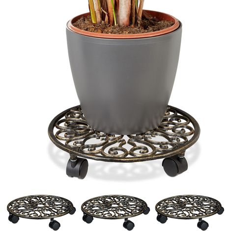 4 x Pflanzenroller Gusseisen, rund, Ø 33,5 cm, Blumentopfuntersetzer, 4 Rollen, stabil, wetterfest, Blumenroller, bronze