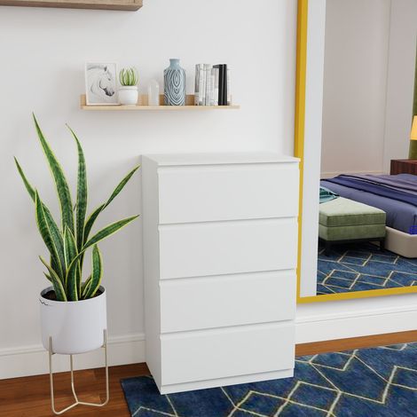 Moderne Holzkommode, vielseitiges Aufbewahrungsmöbel für Schlafzimmer, Wohnzimmer und Flur, Weiß, 4 Schubladen, 60x40x98 cm