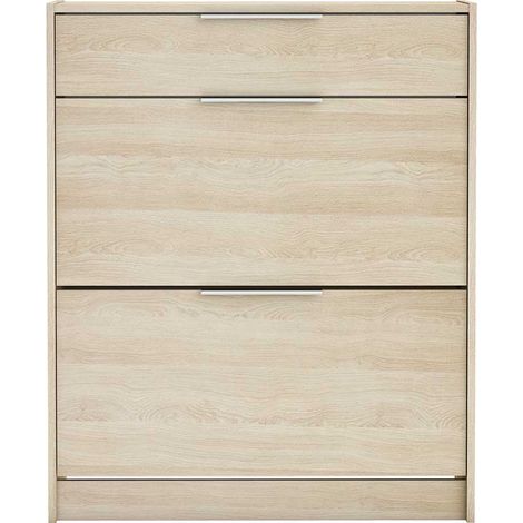 Commode meuble à chaussures 2 abattants 24 paires couleur chêne - Largeur 82,6 x Profondeur 29,4 x Hauteur 100,6 cm (1/3)