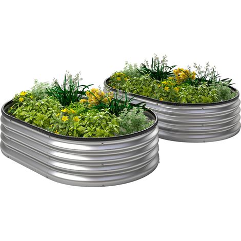 Ensemble de 2 grands pots de fleurs d'extérieur en acier galvanisé pour jardins urbains, terrasses ou patios, 135 x 90 x 30 cm, argent (1/5)