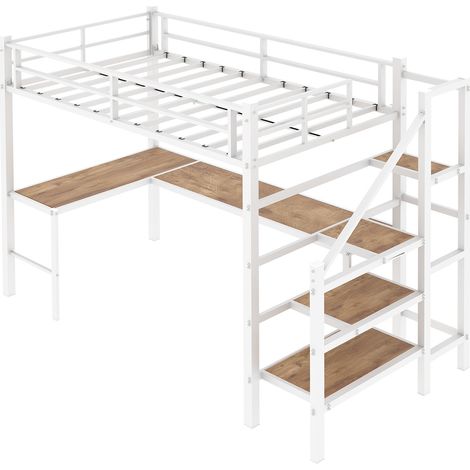 Cama alta de metal blanco con escritorio en L 90 x 190 cm, estantes y escalera con almacenaje (1/5)