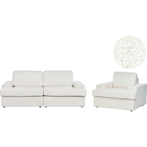 Canapé 3 Places et Fauteuil en Bouclé Blanc Contreplaqué Bois d'Eucalyptus Rembourré en Mousse Alla