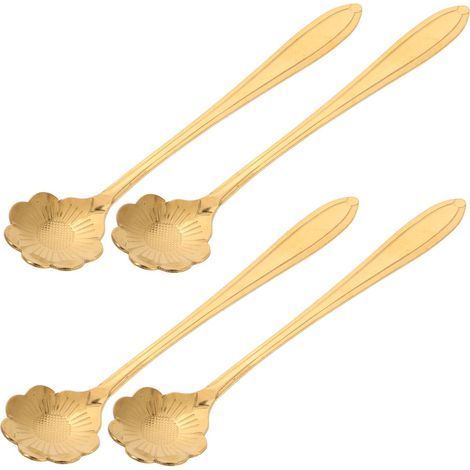 Ein Set mit 4 goldenen Teelöffeln – aus Edelstahl mit Blumenmuster, leicht und tragbar, was sie ideal macht (1/5)