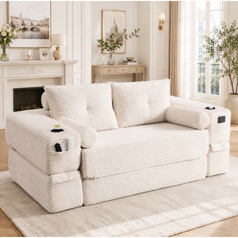 2-Sitzer-Schlafsofa aus beigem Cord, mit Seitentasche, Becherhalter und Memory-Kissen HAVRYA (1/5)