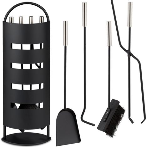 Relaxdays Kaminbesteck, 5-teiliges Set, Schürhaken, Ascheschaufel, Besen, Zange & Ständer, Kamingarnitur, schwarz/silber