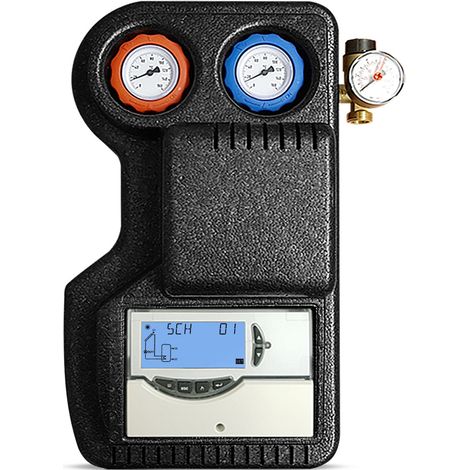 Gruppo di circolazione a due vie con disaeratore, flussometro 2-12 l/min, circolatore Grundfos 25/75 e centralina elettronica ELIOS MIDI (1/4)