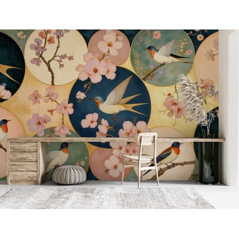 Papier peint animaux medaillons retro doiseaux et fleurs de cerisier - 150 x 250 cm (1/2)