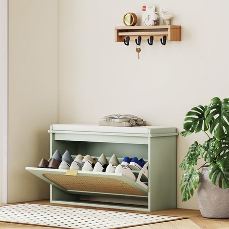 Boho Rattan Shoe Bench with Cushion, Adjustable Storage for 8 Pairs, Compact Entryway Furniture, Easy to Clean, Stylish Design