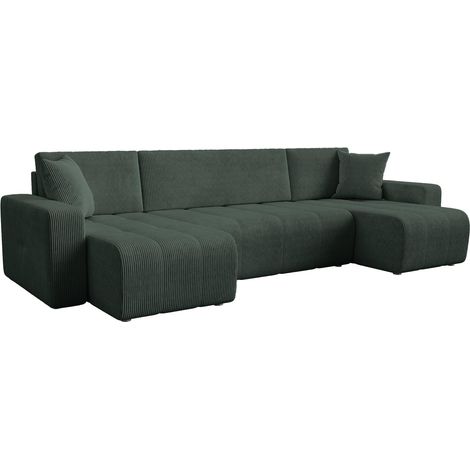 Mobilier Deco – Canapé panoramique convertible avec coffre – Velours côtelé vert – Confort optimal – Espace de couchage intégré – Rangement pratique (1/5)