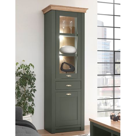 Vitrine im Landhausstil CINCINNATI-61 grün mit Wotaneiche, B/H/T: 68/207/45cm (1/5)