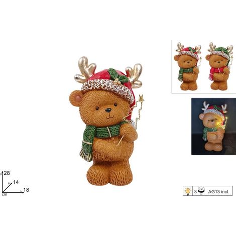 ORSO NATALIZIO 28CM DECORATO CON ORO CON LUCE 2 ASSORTIMENTI