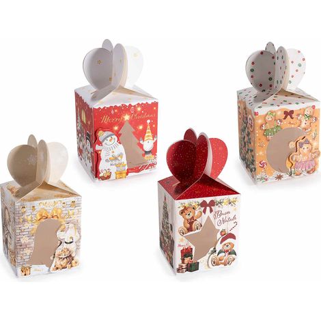 Scatole regalo di Natale in carta colorata con stampa natalizia, con finestra trasparente sagomata, set da 80 pezzi, cm8,5x8,5x10H (con cuore17)