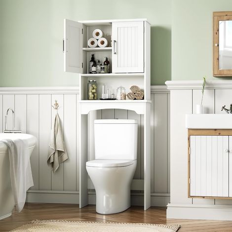 Étagère WC avec Placard 2 Portes et Étagère Réglable, Blanc Lin (1/5)