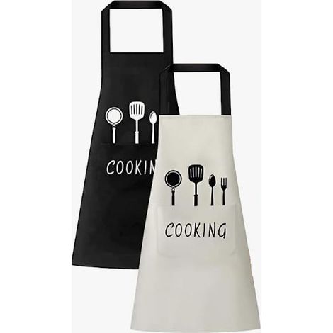 2 PCS Tablier Cuisine Homme et Femme Tablier de Cuisine Imperméable Tablier Étanche avec Poches 70 68cm Tablier pour Cuisine, Restaurant, Jardin, Entretien, Pâtisserie, Café(Noirt/Blanc) (1/5)