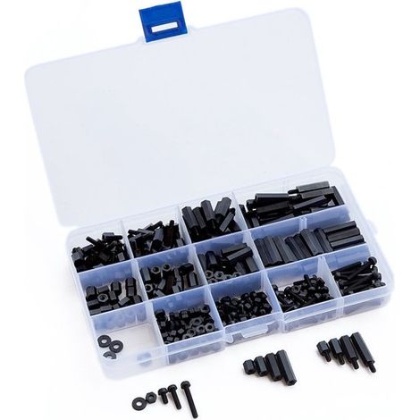 Caja surtida - Tornillos - Juego combinado M4 de 320 piezas, simple/doble, con aislamiento de nailon, arandelas y tuercas (1/2)