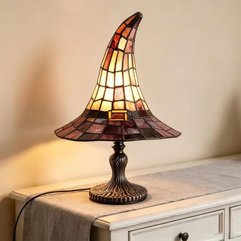 Lampe en forme de chapeau de sorcière en verre teinté fabriquée à la main en forme de chapeau de magicien gothique rétro avec base en résine, alimentation USB, idéale pour les tables de nuit, les (1/5)