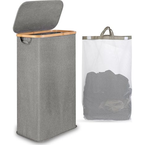 Wäschekorb mit Deckel, 60 l, schmaler Schmutzwäschekorb mit herausnehmbarem und waschbarem Innenbeutel, Wäschekorb aus Bambus, faltbarer Wäschekorb für Waschküche, Schlafzimmer (grau) (1/5)